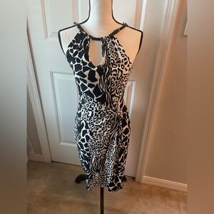 Cache Black & White One-Shoulder Animal Print Dress